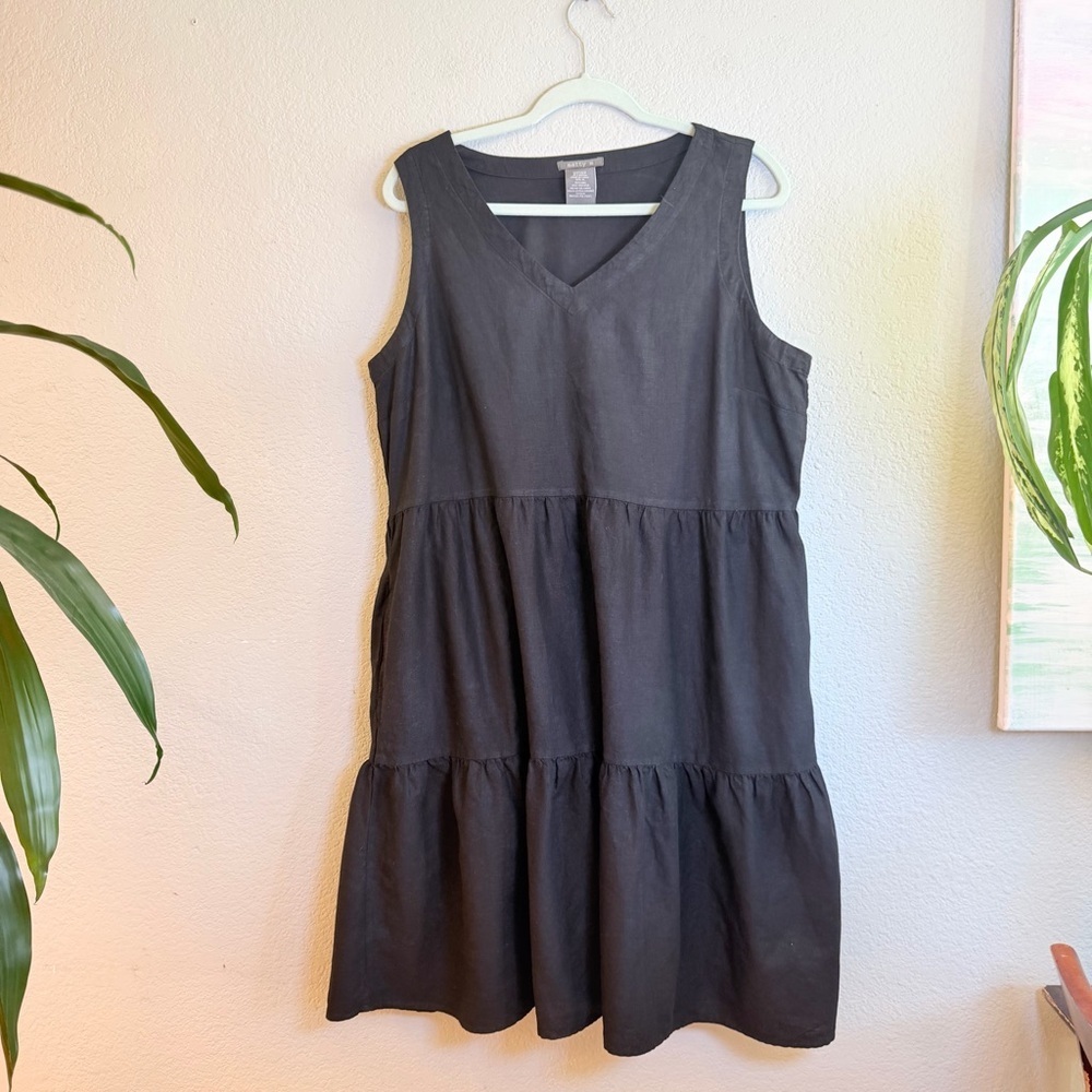 Matty M Linen Blend Black Tiered Sleeveless V Neck Lightweight Bohemian Dress XL
